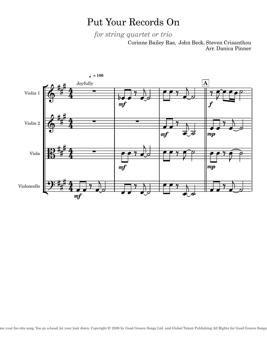 Put Your Records On String Quartet scores gallery preview page 1