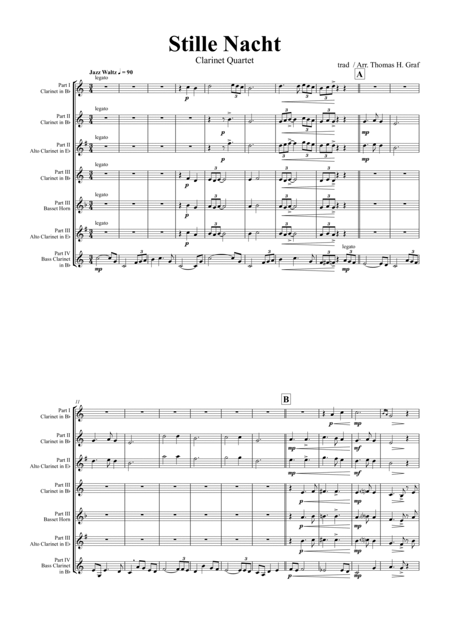 Stille Nacht (Silent night) - Jazz Waltz - Clarinet Quartet Clarinet Quartet scores gallery preview page 1