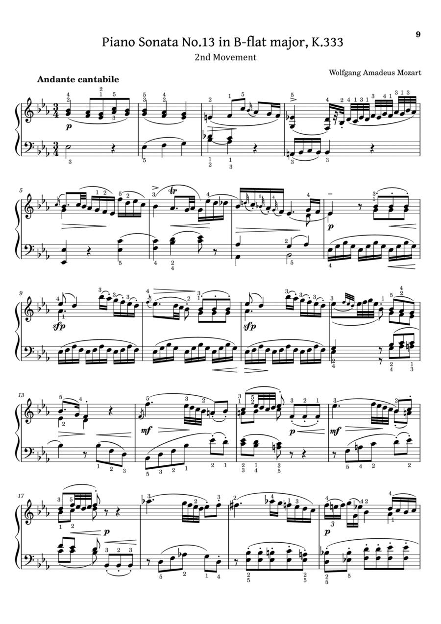 Mozart - Piano Sonata No.13 in B-flat Major, K.333 - 2nd Mov - Original With Fingered For Piano Piano Solo scores gallery preview page 1