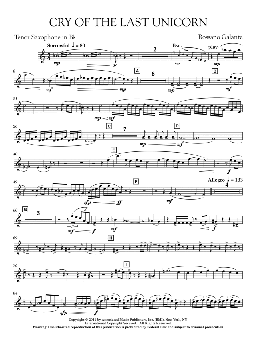 Cry Of The Last Unicorn - Bb Tenor Saxophone Concert Band scores gallery preview page 1