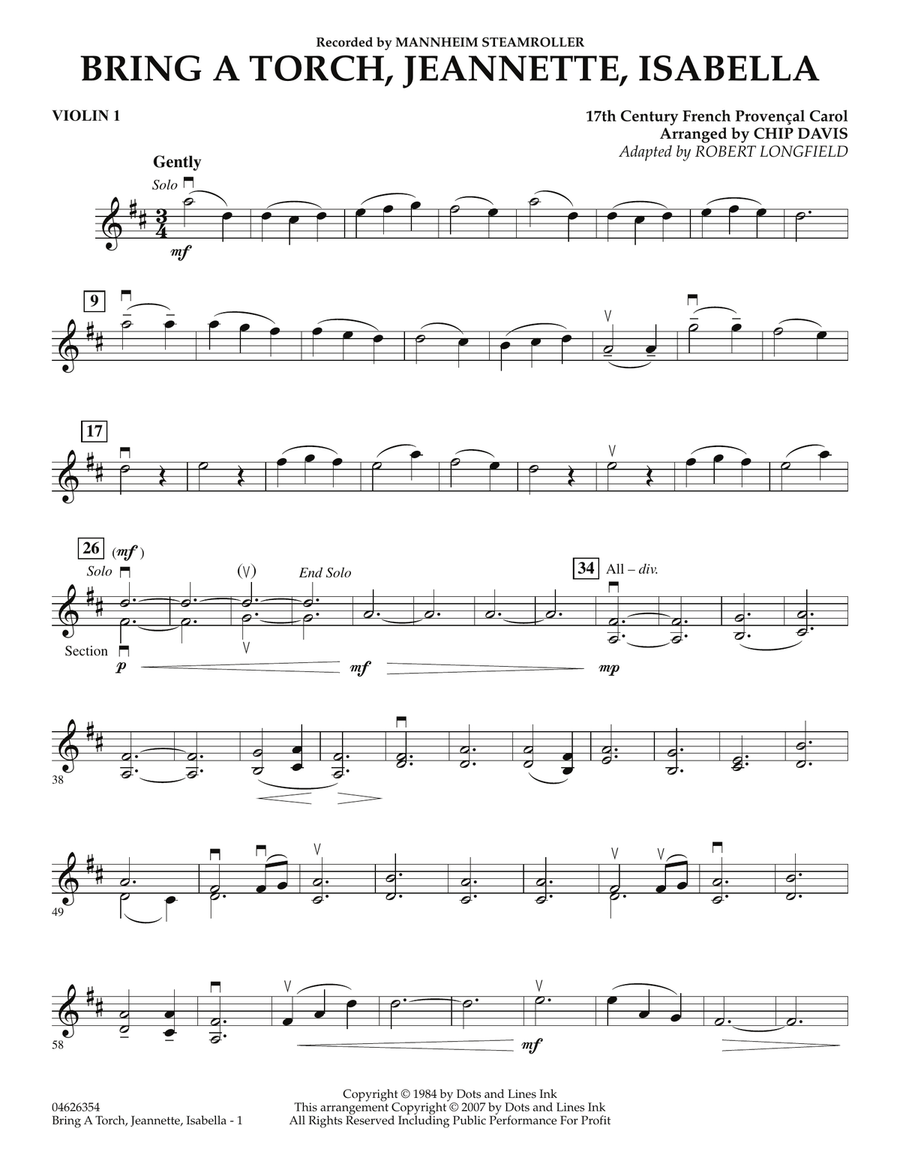 Bring a Torch, Jeannette, Isabella - Violin 1 Orchestra scores gallery preview page 1