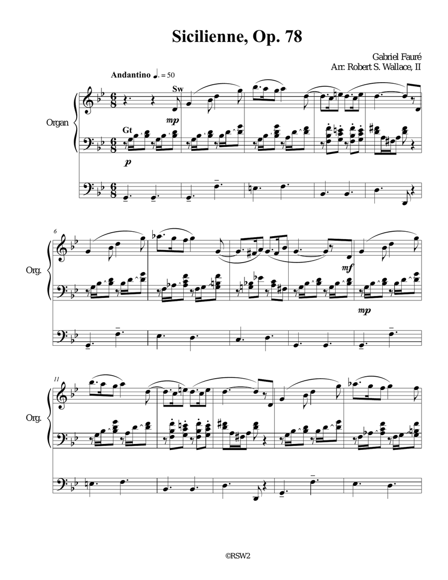 Sicilienne, Op. 78 by Gabriel Fauré Organ Solo scores gallery preview page 1