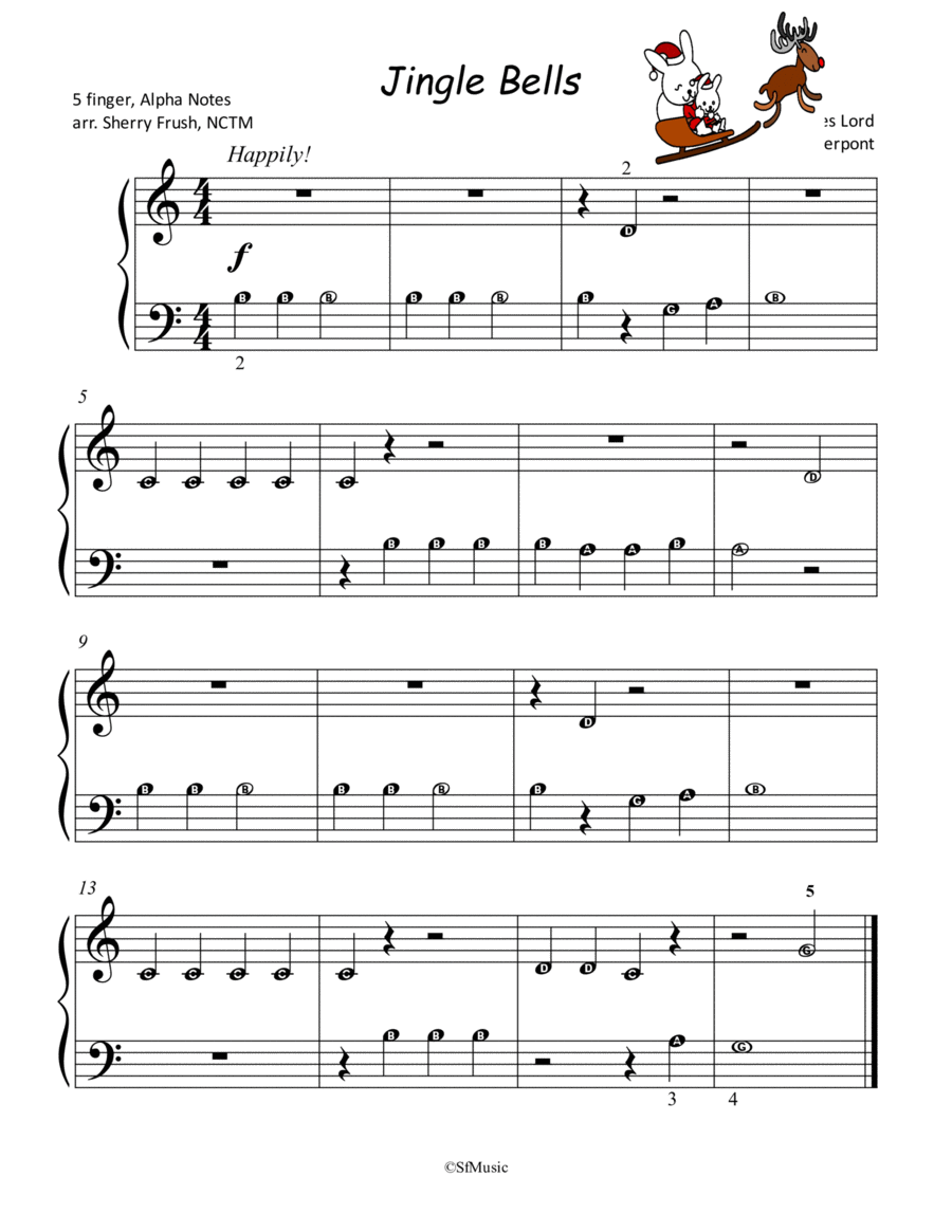 Jingle Bells Alpha Notes 5 finger Easy Piano Digital Sheet