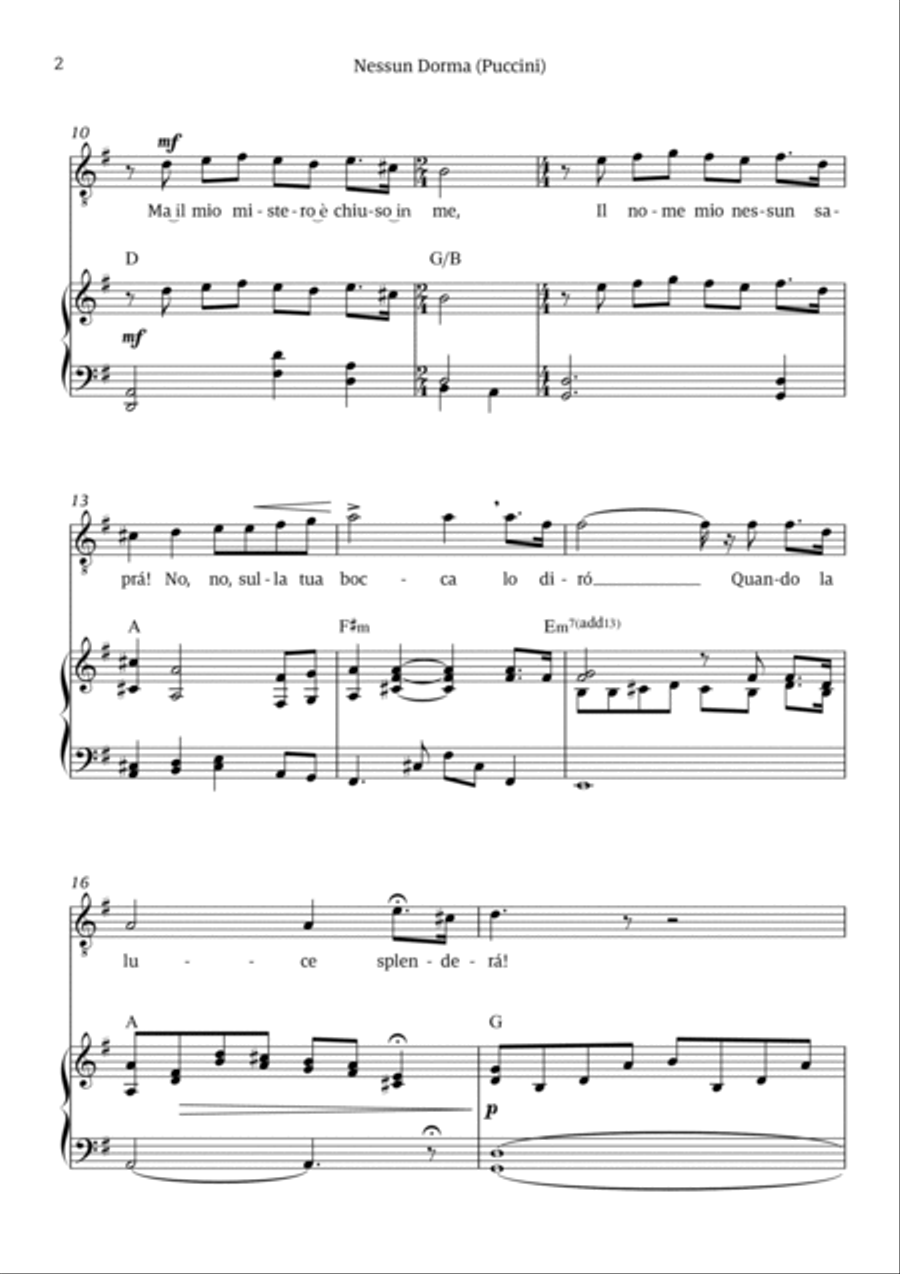 Nessun Dorma (for tenor and piano) Chamber Music scores gallery preview page 2
