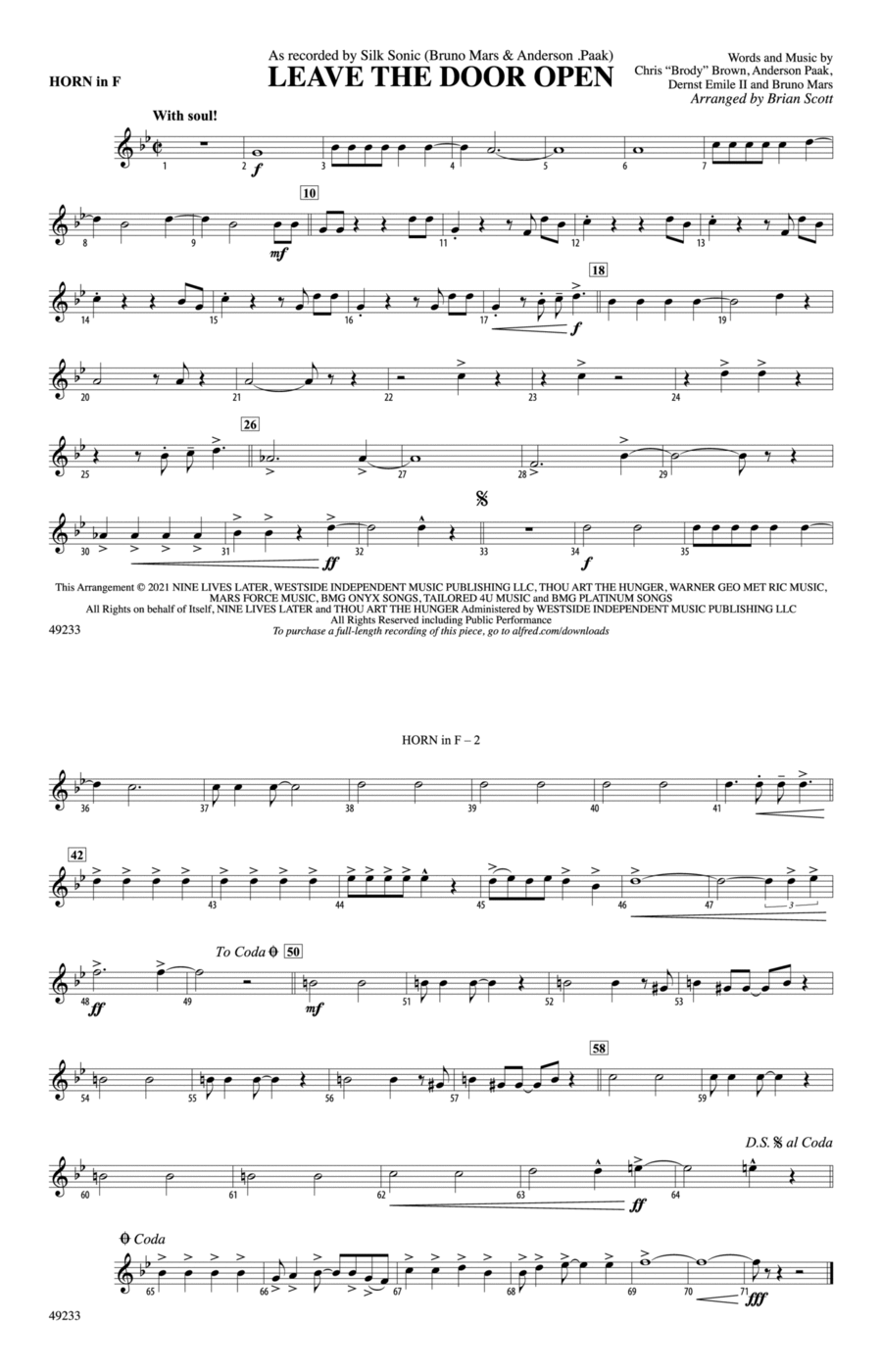 Leave the Door Open: 1st F Horn Marching Band scores gallery preview page 1