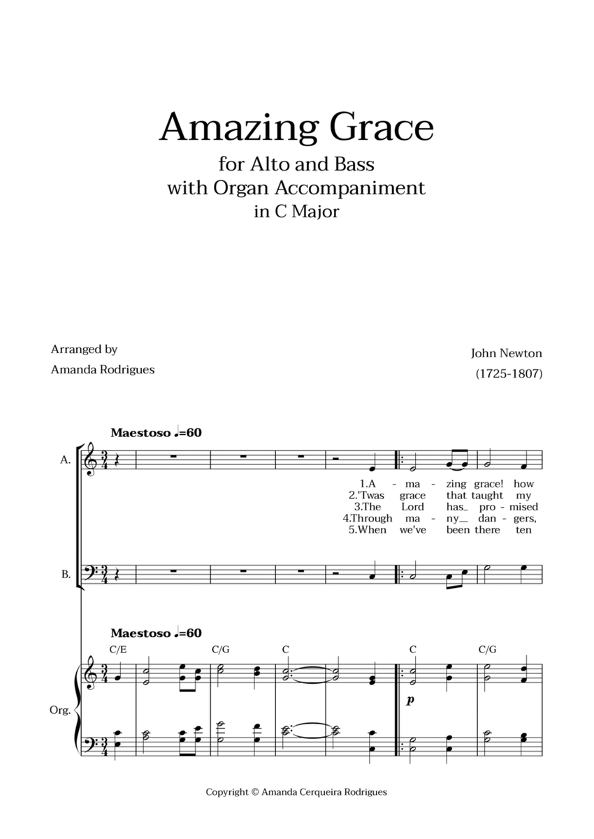 Amazing Grace in C Major - Alto and Bass with Organ Accompaniment and Chords image number null