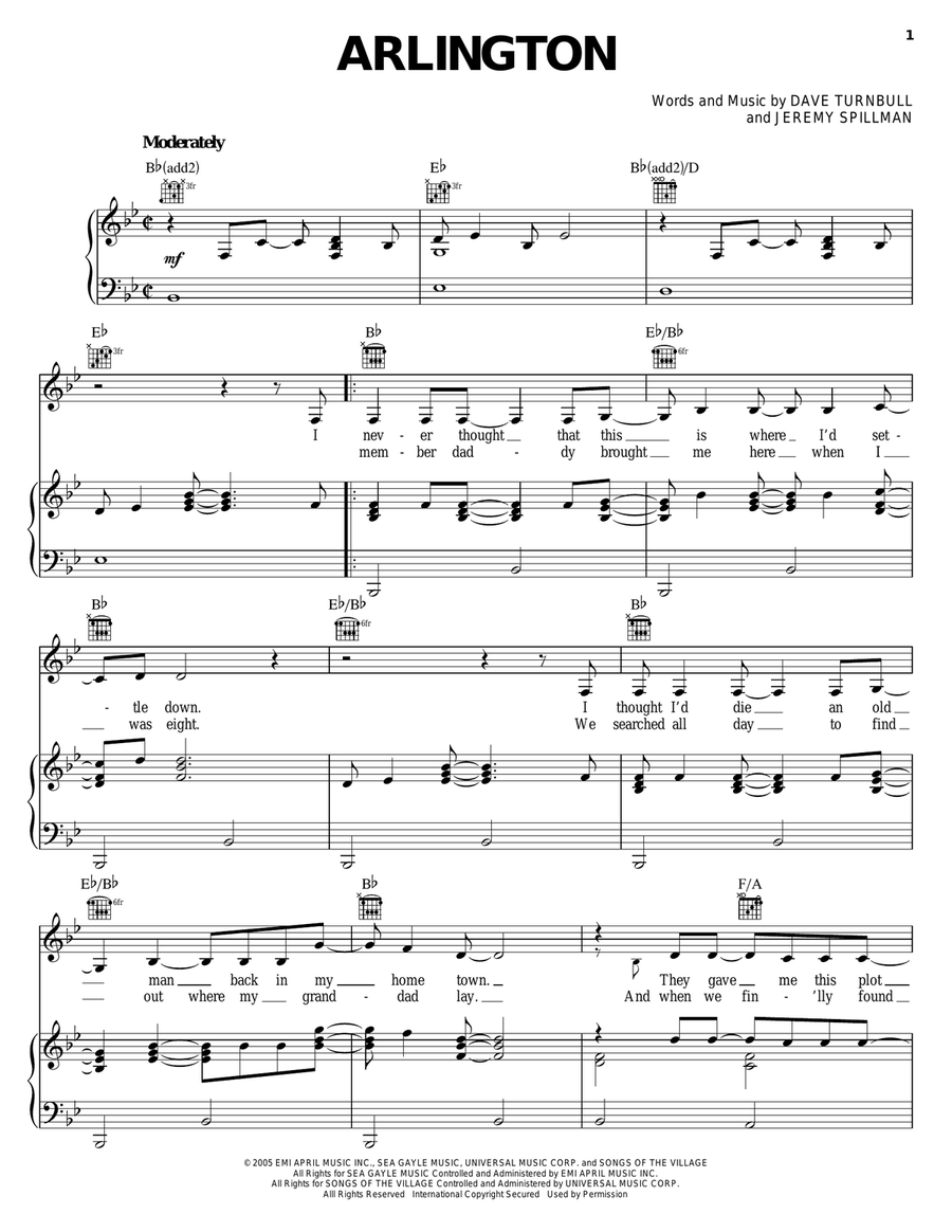 Arlington Piano, Vocal, Guitar scores gallery preview page 1