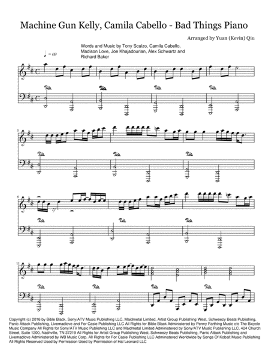 Bad Things Piano Solo scores gallery preview page 1