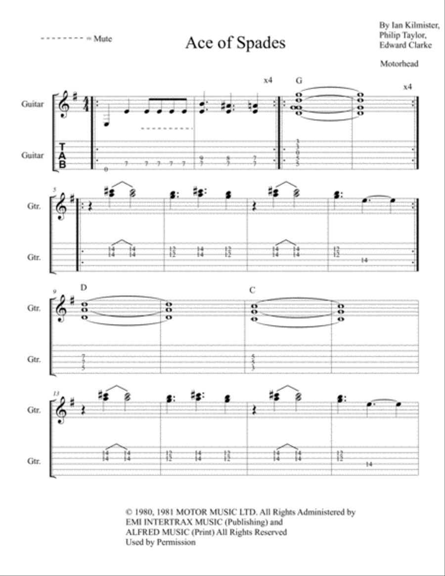 Ace Of Spades Guitar Tablature scores gallery preview page 1