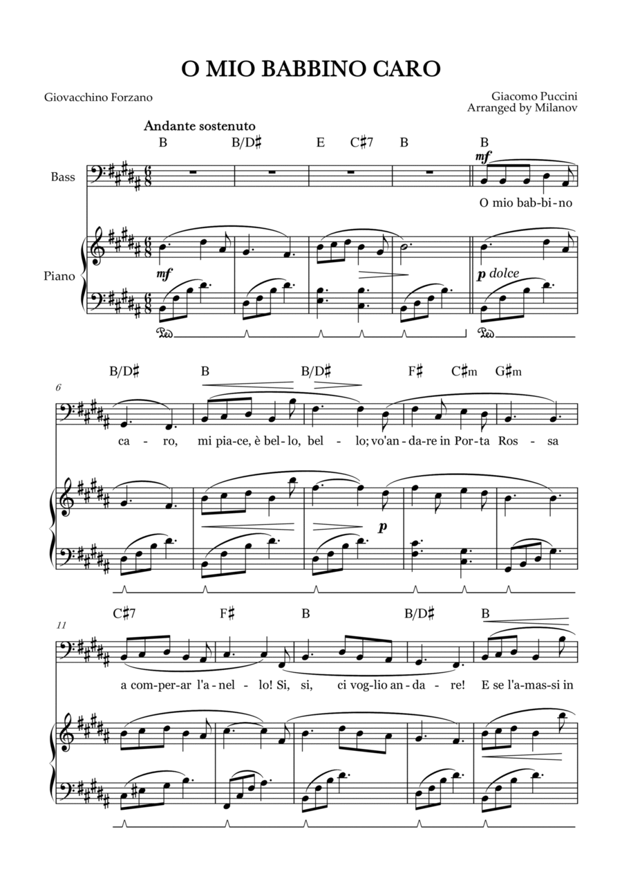 O Mio Babbino Caro | Male Voice Bass | B Major | Piano accompaniment | Pedal | Chords Bass Voice scores gallery preview page 1