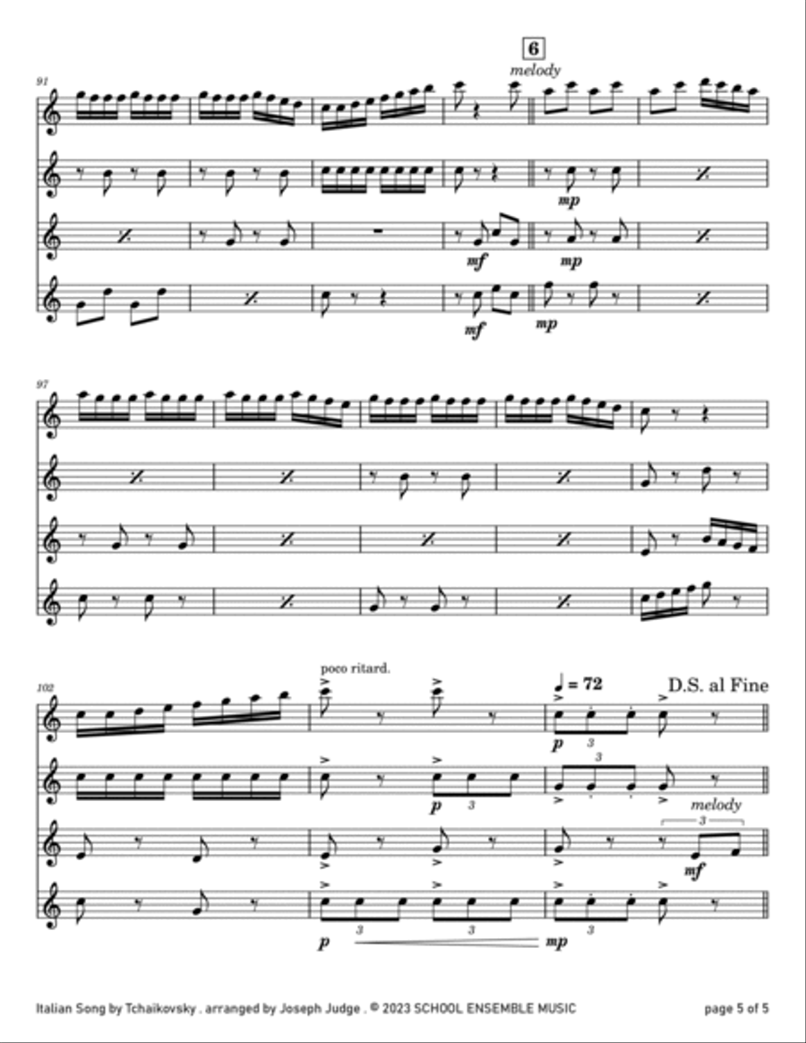 Italian Song by Tchaikovsky for Clarinet Quartet in Schools Clarinet Quartet scores gallery preview page 5