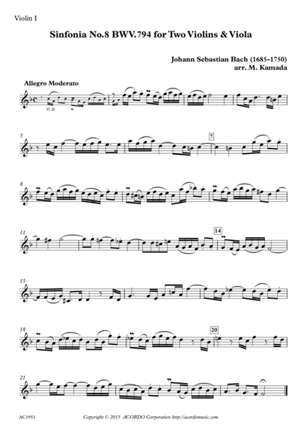 Sinfonia No.8 BWV.794 for Two Violins & Viola image number null