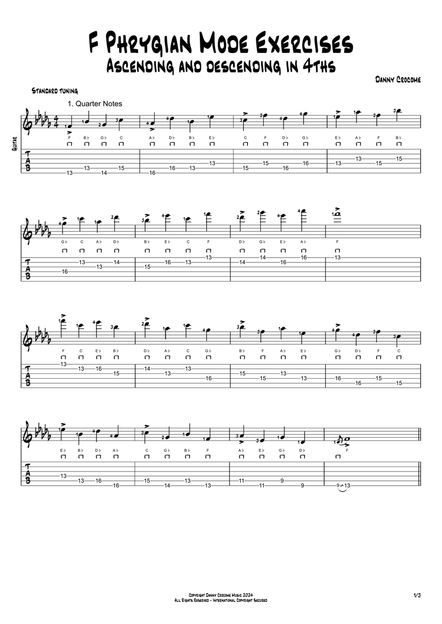 F Phrygian Mode Exercises - Ascending and Descending in 4ths Acoustic Guitar scores gallery preview page 1