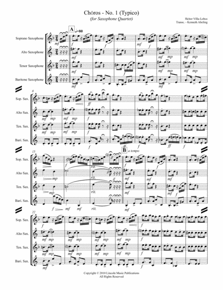 Heitor Villa-Lobos - Chôro No. 1 (Typico) (for Saxophone Quartet SATB) image number null
