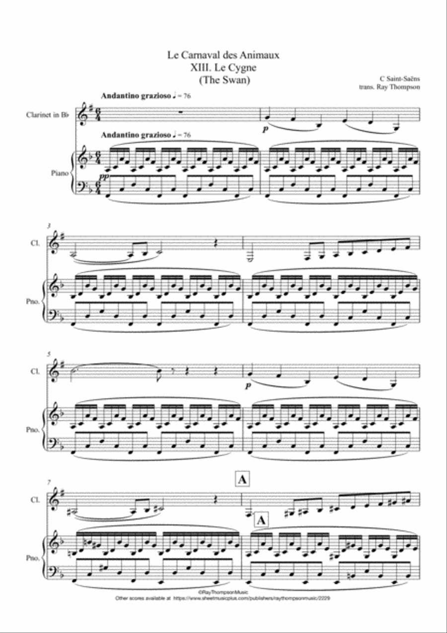 Saint-Saëns: Le Carnaval des Animaux XIII. Le Cygne (The Swan) - clarinet and piano Clarinet Solo scores gallery preview page 1
