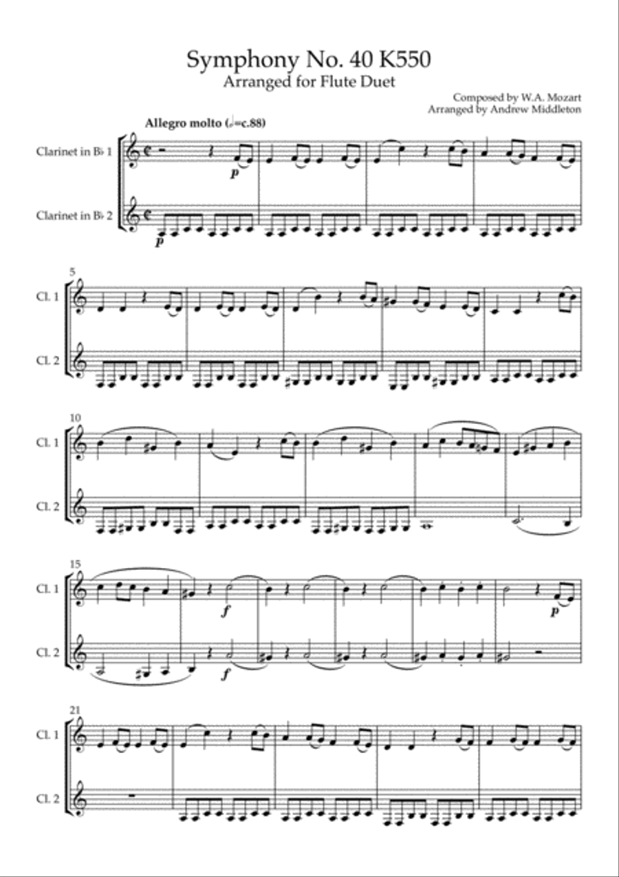 Symphony No. 40 arranged for Clarinet Duet Clarinet Duet scores gallery preview page 3