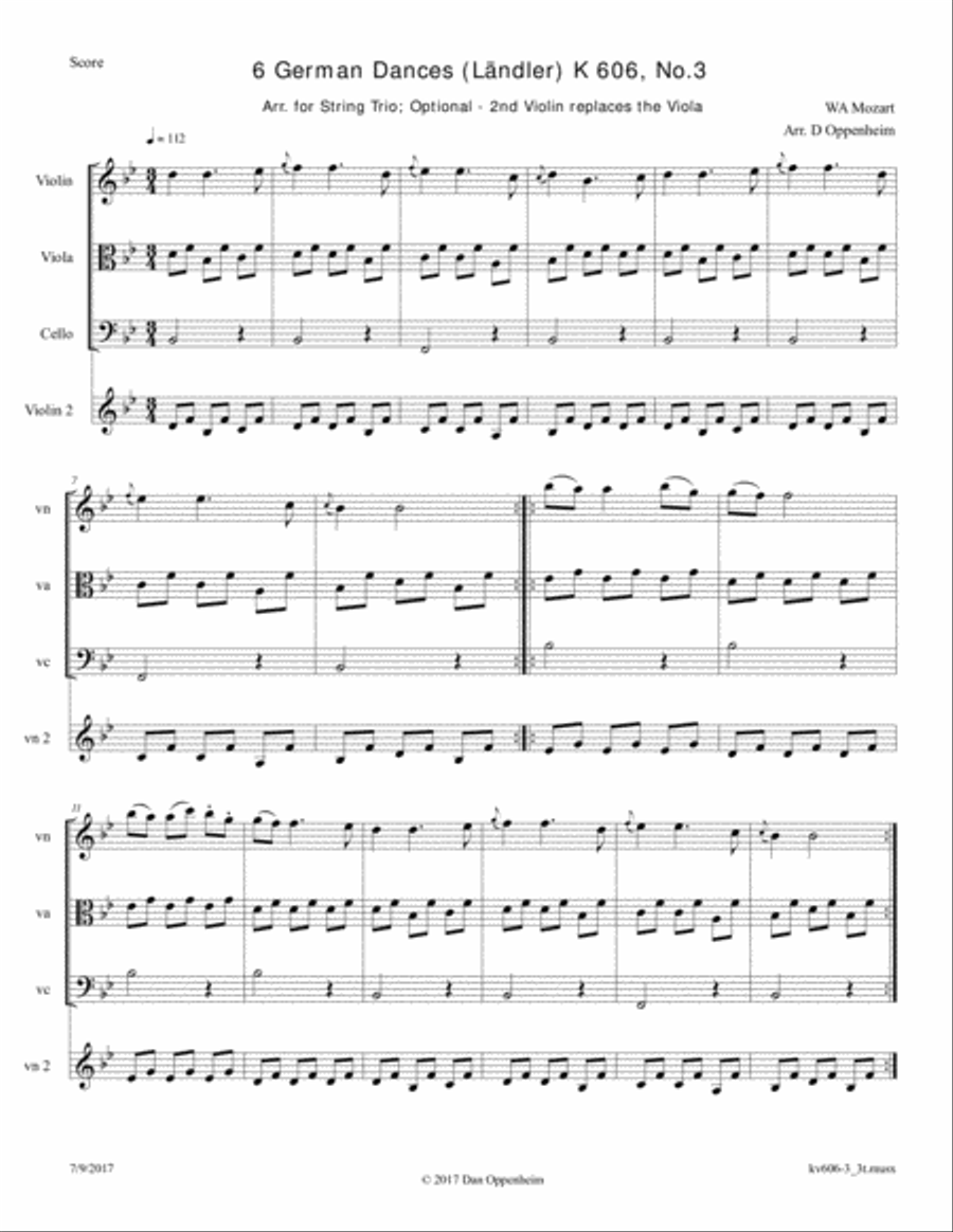 Mozart: 6 German Dances K 606 No. 3 arr. for String Trio; Optional - 2nd Violin replaces the Viola