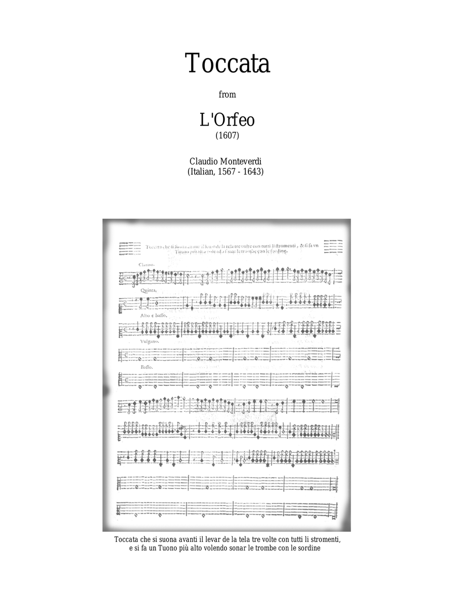 TOCCATA (fanfare) from L'ORFEO by Monteverdi - brass ensemble with opt. percussion - score & parts Brass Ensemble scores gallery preview page 1