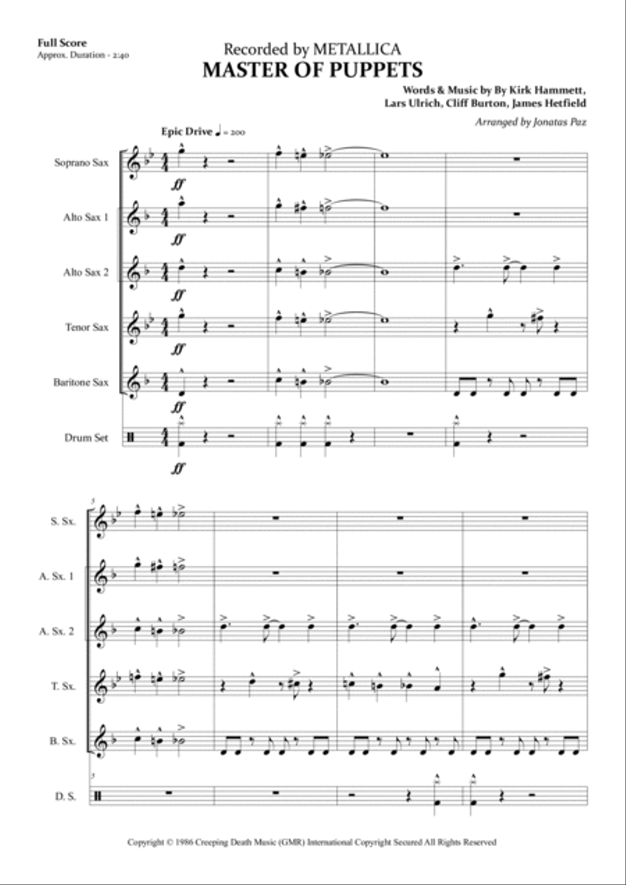 Master Of Puppets Saxophone Quintet scores gallery preview page 3