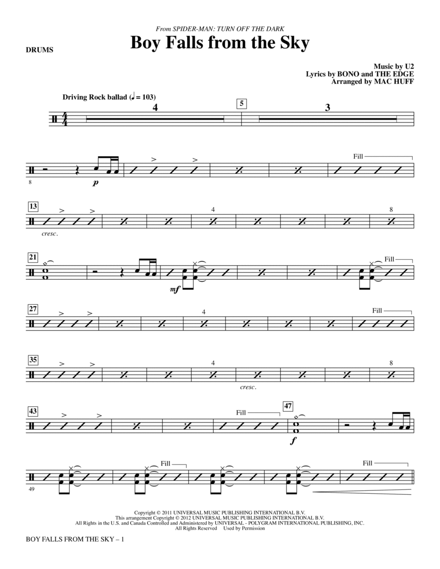 Boy Falls From The Sky (from Spider-Man: Turn Off the Dark) - Drums Choir scores gallery preview page 1