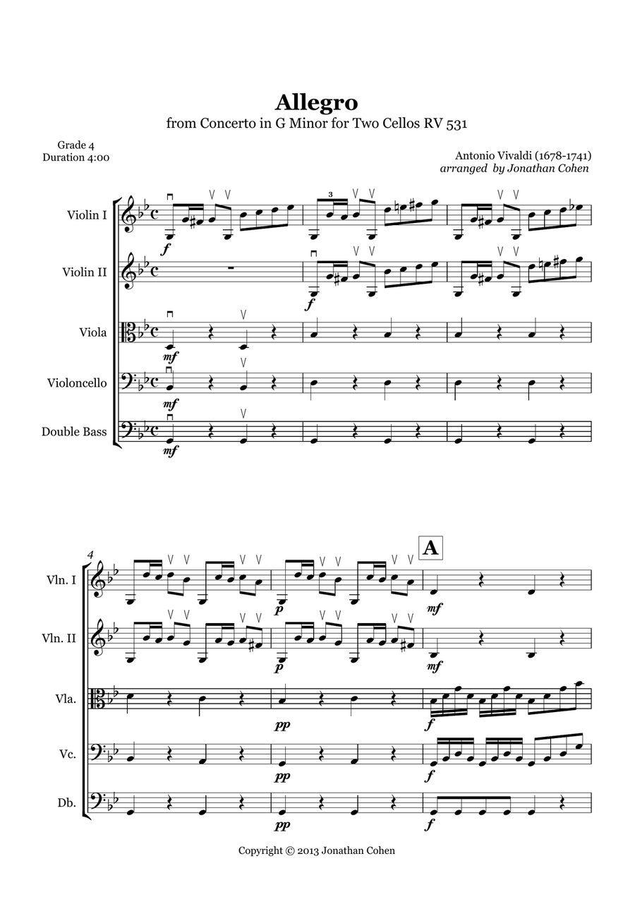 Allegro from Concerto for Two Cellos in G Minor RV 531 String Orchestra scores gallery preview page 1
