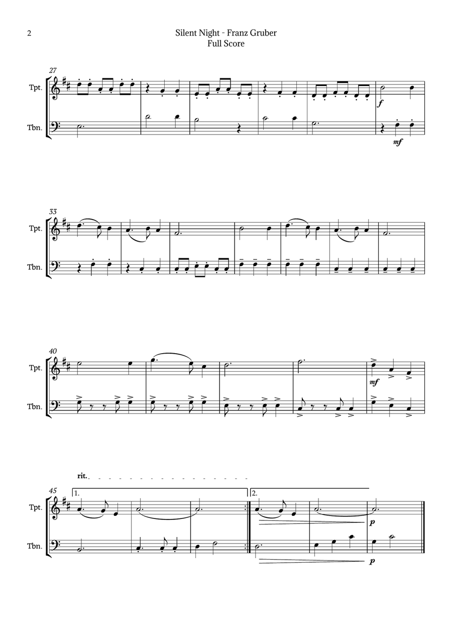 Silent Night for Trumpet and Trombone Duet Brass Duet scores gallery preview page 2