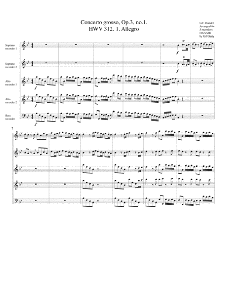 Concerto grosso, Op.3., no.1, HWV 312 (arrangement for 5 recorders)