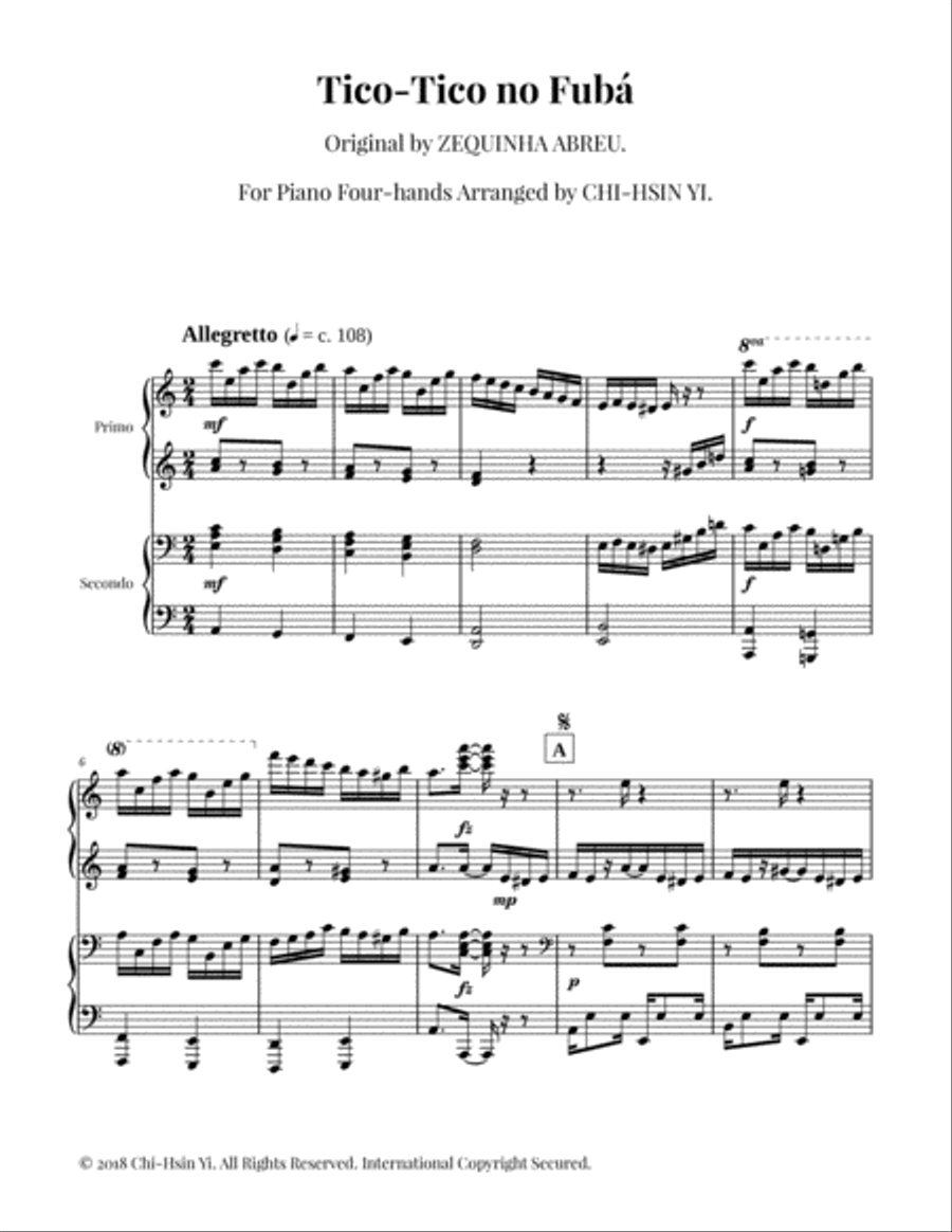Tico-Tico no Fubá (Piano 4-hands) Piano Duet scores gallery preview page 1