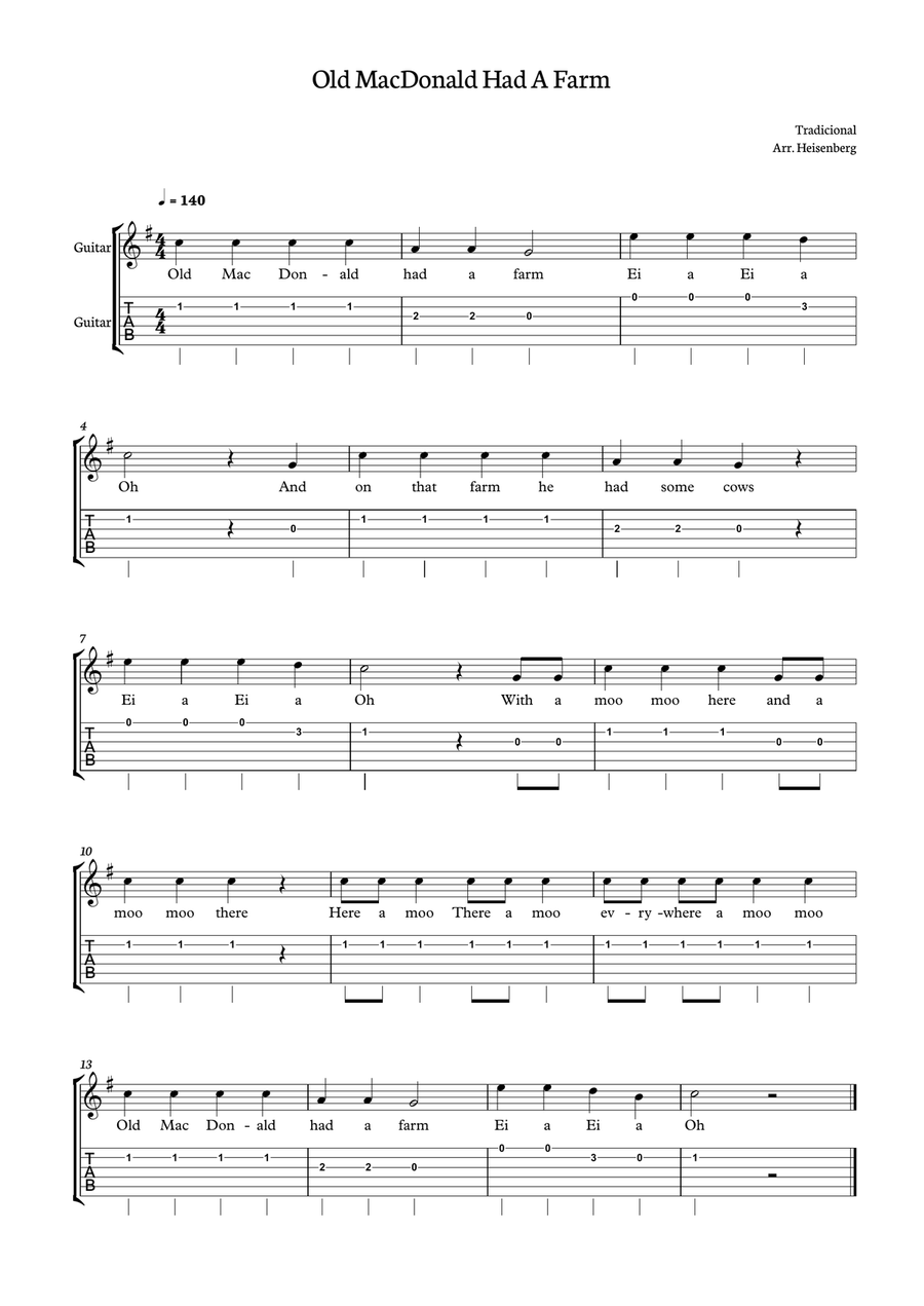 Old MacDonald Had a farm for Guitar with tab Guitar Tablature scores gallery preview page 1