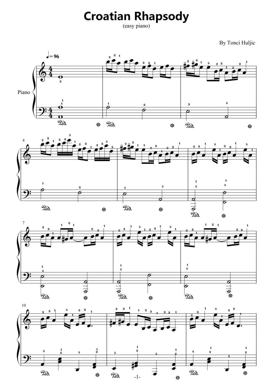 Croatian Rhapsody,Easy Piano,With Fingering,C Major Easy Piano scores gallery preview page 1