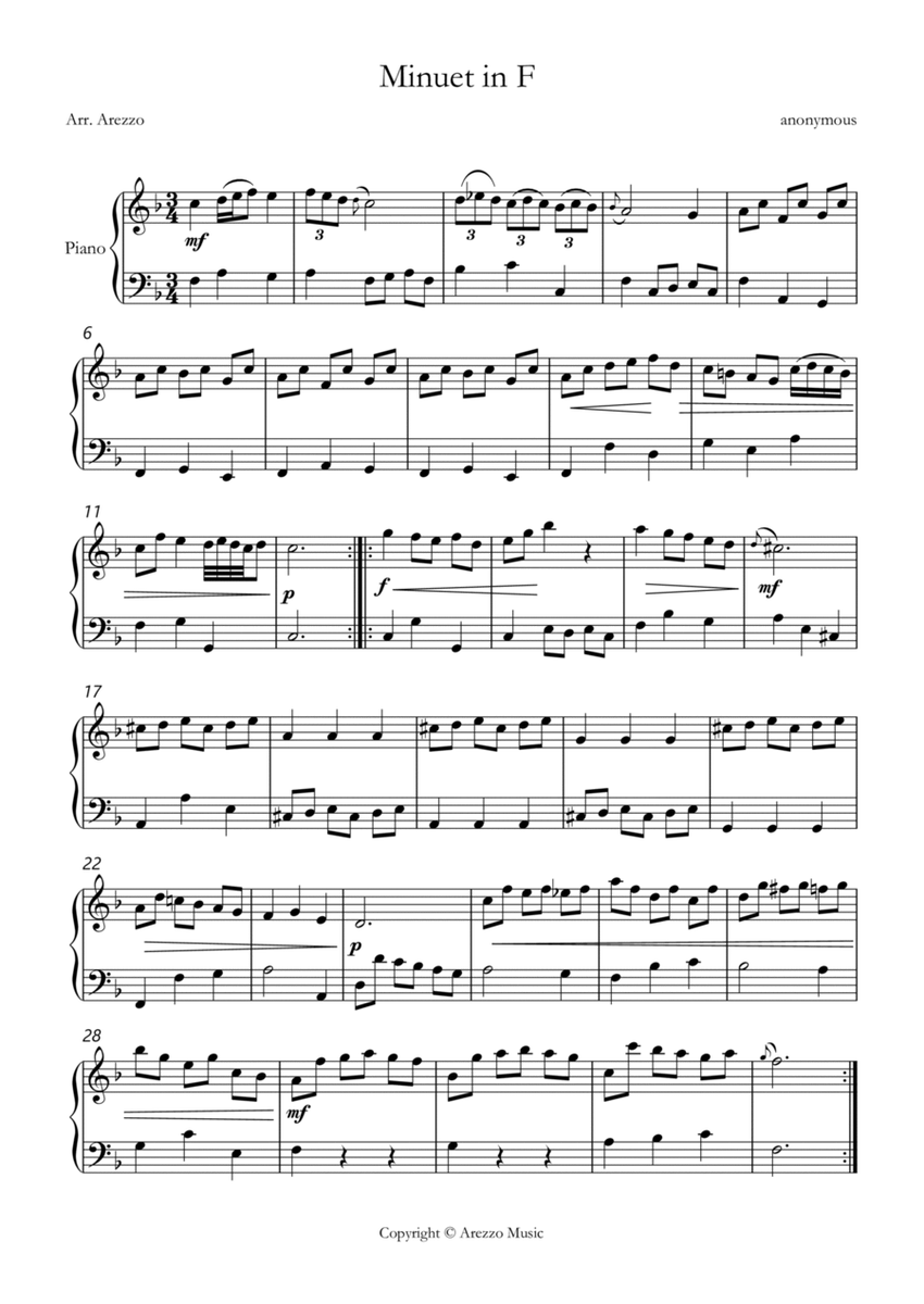 bwv anh 113 minuet in f Sheet Music Ornamented by Arezzo sheet Music image number null
