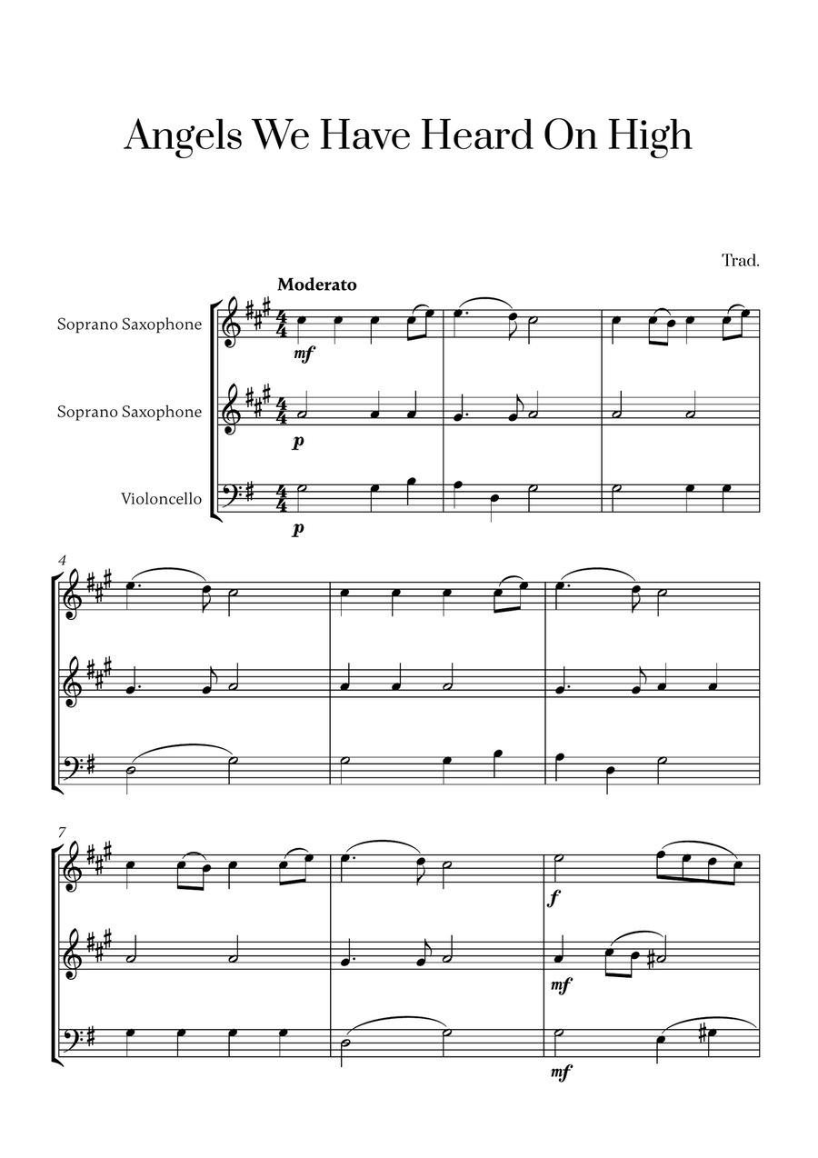 Angels We Have Heard On High (for 2 Soprano Saxophones and Cello) Small Ensemble scores gallery preview page 1