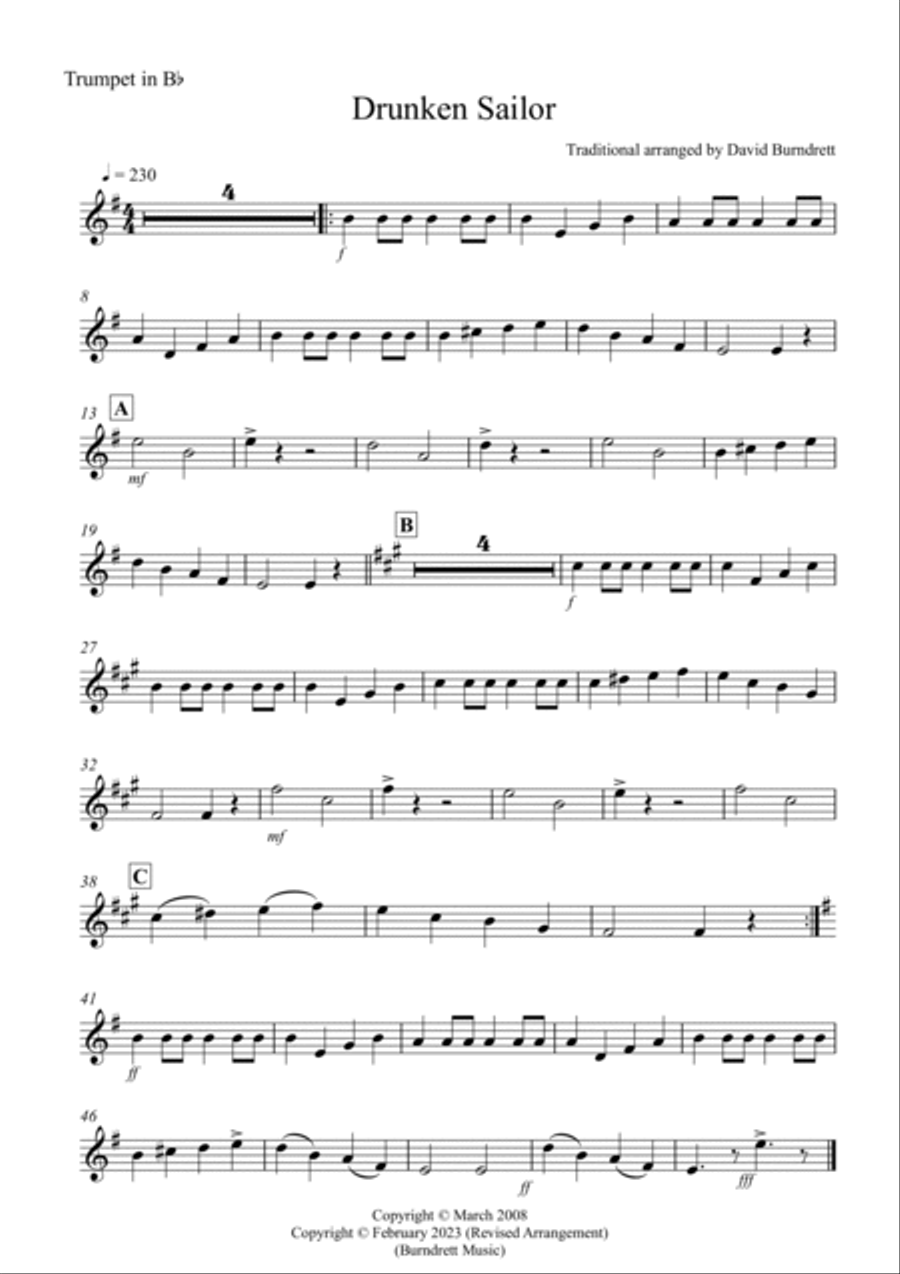 Drunken Sailor for Trumpet in Bb and Piano Trumpet Duet scores gallery preview page 3