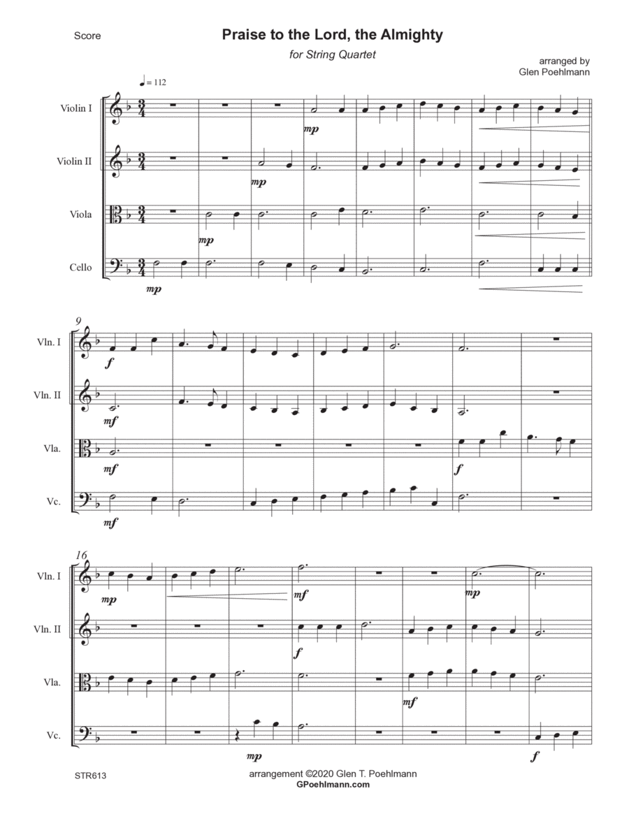 PRAISE TO THE LORD, THE ALMIGHTY - String Quartet (unaccompanied) A Cappella scores gallery preview page 1