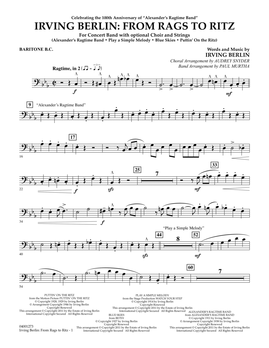 Irving Berlin: From Rags To Ritz - Baritone B.C. Concert Band scores gallery preview page 1