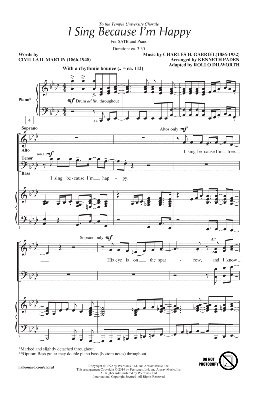 I Sing Because I'm Happy 4-Part scores gallery preview page 1