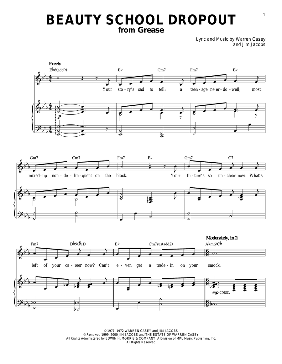 Beauty School Dropout (from Grease) Piano, Vocal scores gallery preview page 1