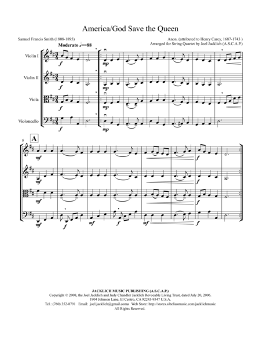 America (My Country, 'Tis of Thee)/God Save the Queen String Quartet scores gallery preview page 1