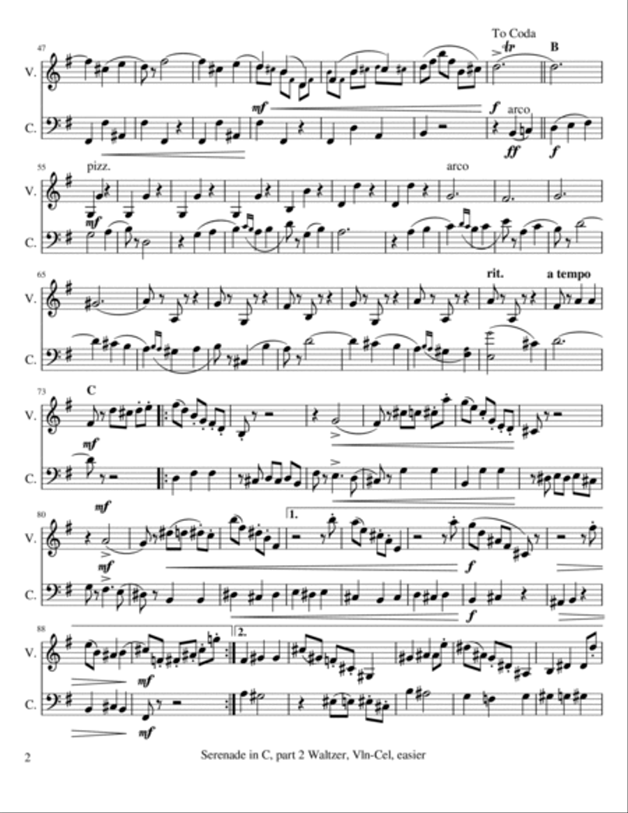 Serenade in C for Strings part 2 (Waltzer) Tchaikovsky for Violin & Cello Duet Easier String Orchestra scores gallery preview page 2