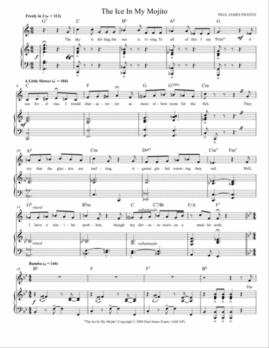 The Ice in My Mojito (Key: C-major intro, B-flat major refrain) Voice scores gallery preview page 1