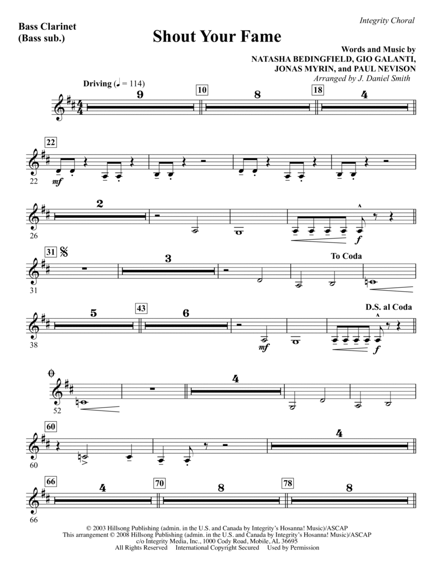 Shout Your Fame - Bass Clarinet (sub. dbl bass) Choir scores gallery preview page 1