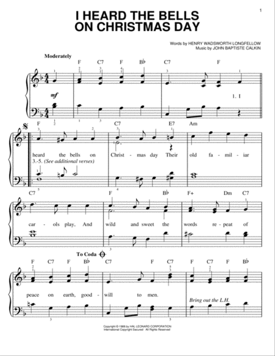 I Heard The Bells On Christmas Day Easy Piano scores gallery preview page 1