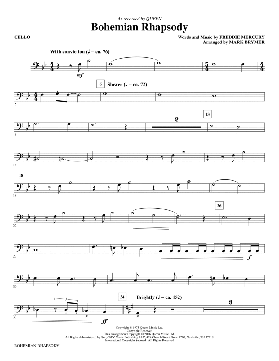 Bohemian Rhapsody (arr. Mark Brymer) - Cello