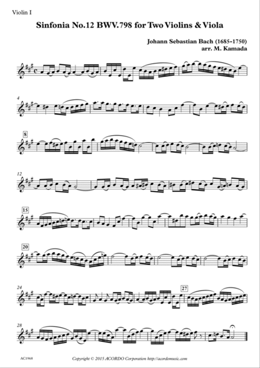 Sinfonia No.12 BWV.798 for Two Violins & Viola String Duet scores gallery preview page 3