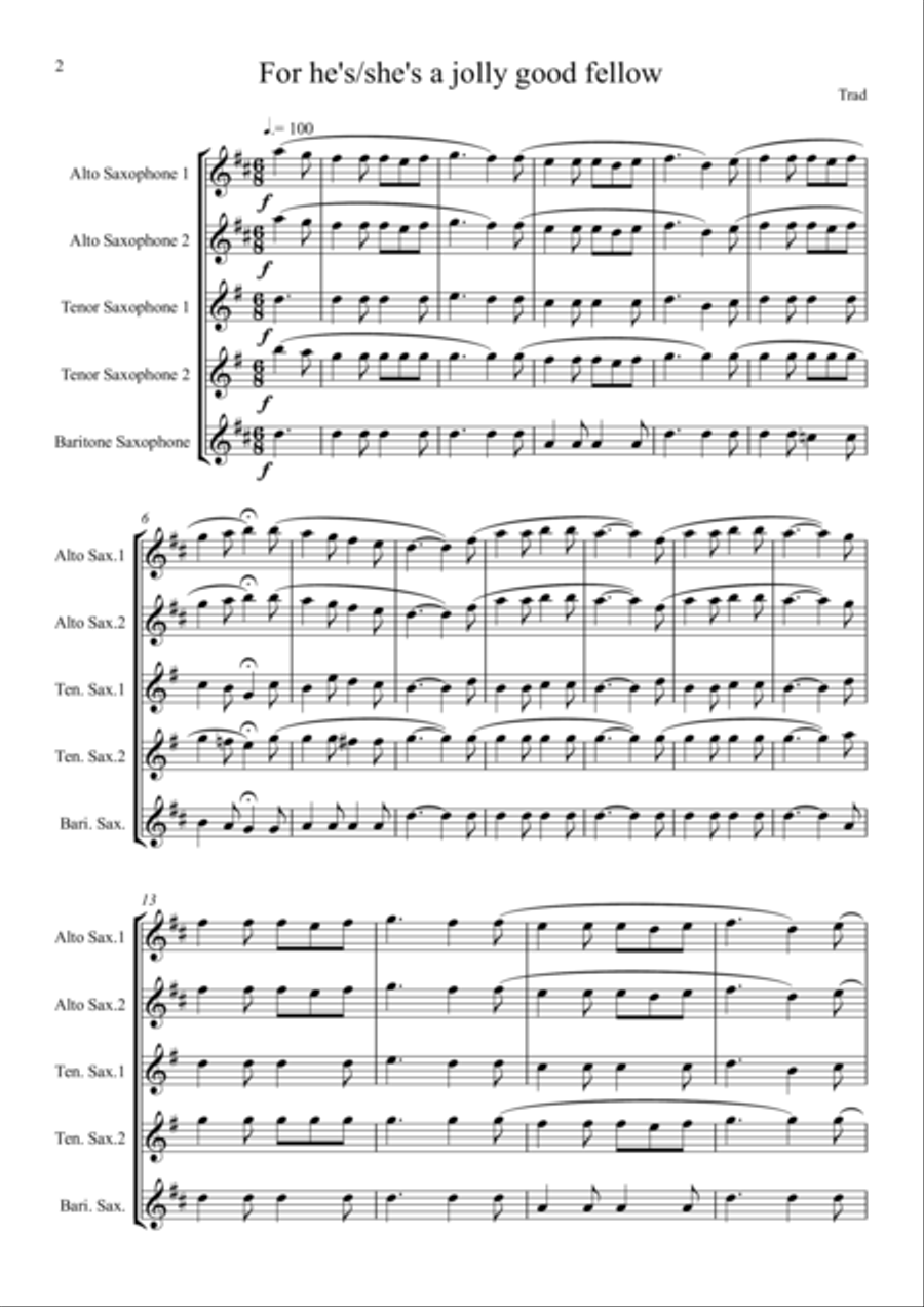 A Collection of Useful Gig Tunes:(Happy Birthday, God Save the Queen etc) - saxophone quintet Saxophone Quintet scores gallery preview page 2