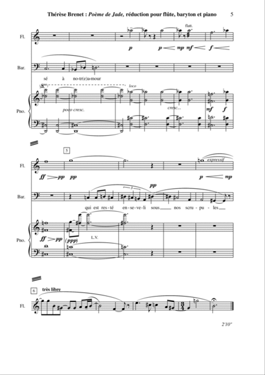 Thérèse Brenet: Poème de Jade, seven mélodies on Chinese Poems for baritone, flute solo and orchestr Small Ensemble scores gallery preview page 5