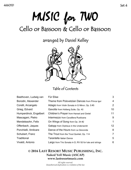 Music for Two Wedding & Classical Favorites for Cello Duet, Bassoon Duet or Cello and Bassoon Duet -