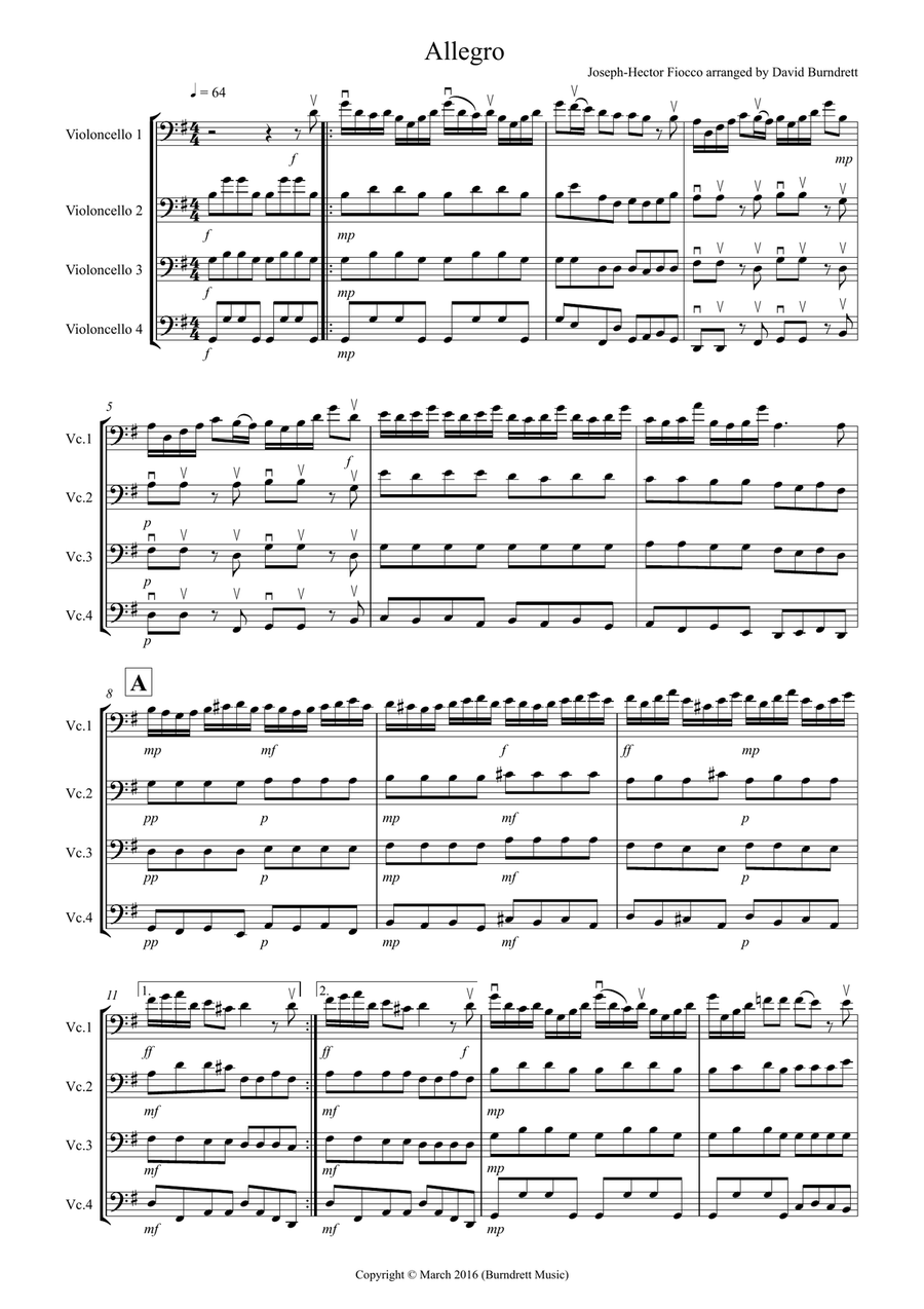 Allegro by Fiocco for Cello Quartet Cello Solo scores gallery preview page 1