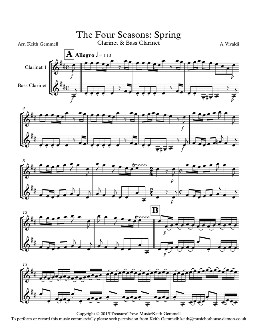 The Four Seasons (Spring): Clarinet & Bass Clarinet Woodwind Ensemble scores gallery preview page 1
