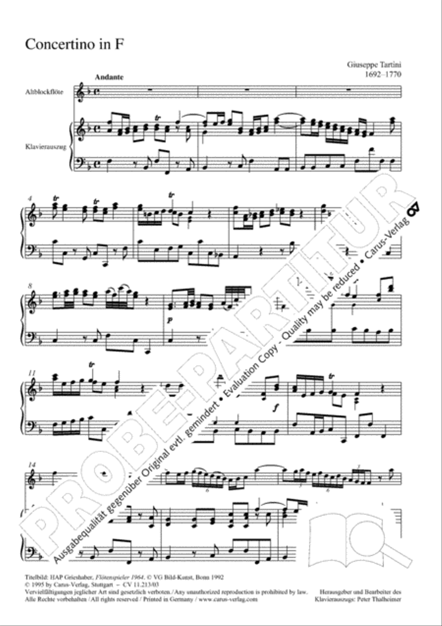 Concertino in F major for recorder and strings (Concertino in F fur Blockflote und Streicher)